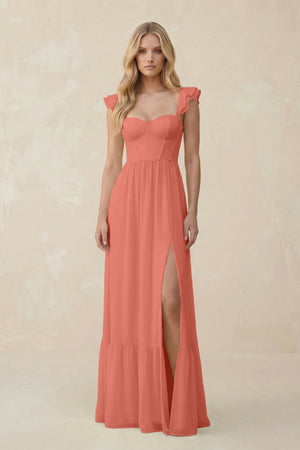 Sweetheart Ruffled Sleeve A - Line Chiffon Bridesmaid Dress in Wild Rose - KISS BRIDAL Bridesmaid Dresses
