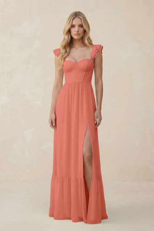 Sweetheart Ruffled Sleeve A - Line Chiffon Bridesmaid Dress in Wild Rose - KISS BRIDAL Bridesmaid Dresses