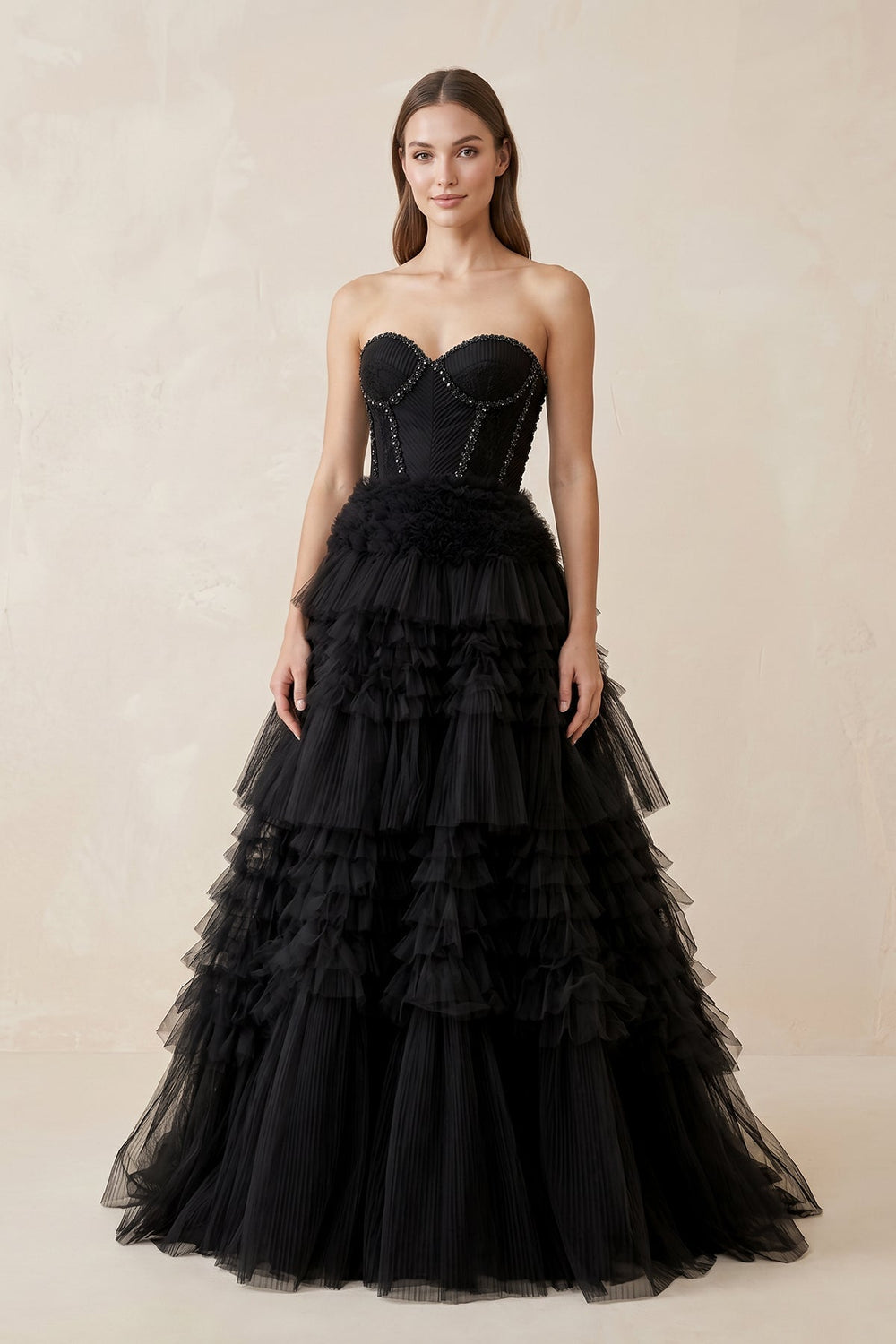 Sweetheart Ruffled Tulle Wedding Dress With Beading in Black