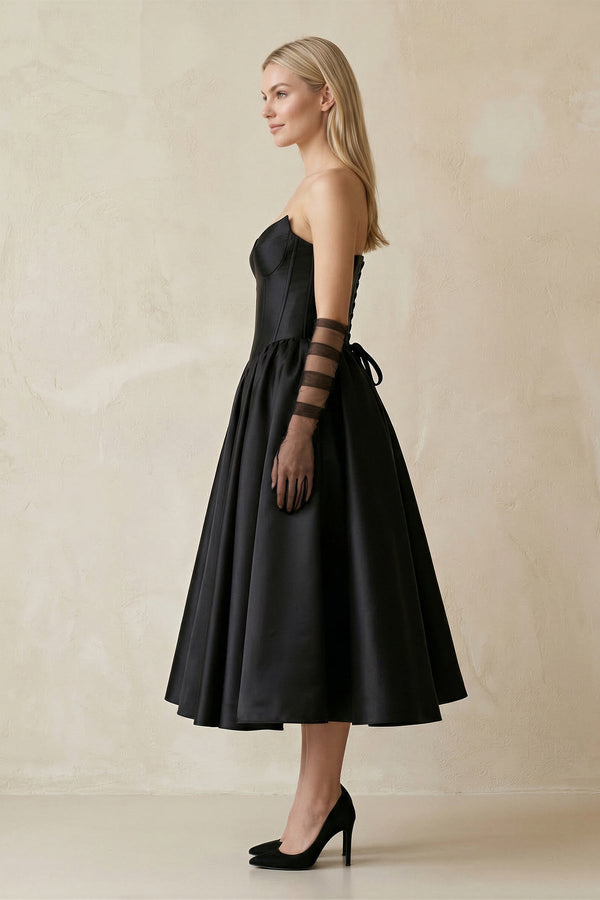 Sweetheart Satin A - Line Midi Wedding Dress With Sleeves in Black - KISS BRIDAL Wedding Dresses