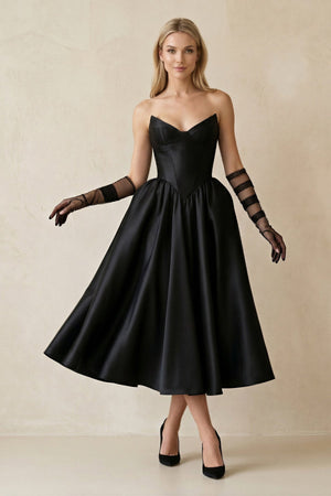 Sweetheart Satin A - Line Midi Wedding Dress With Sleeves in Black - KISS BRIDAL Wedding Dresses