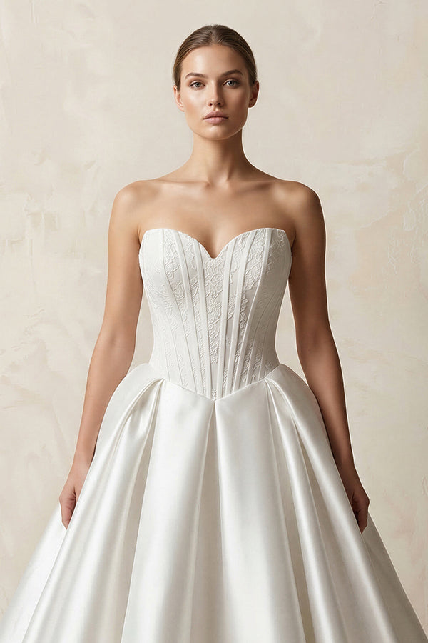 Sweetheart Satin Ball Gown Corset Wedding Dress in White - KISS BRIDAL Wedding Dresses