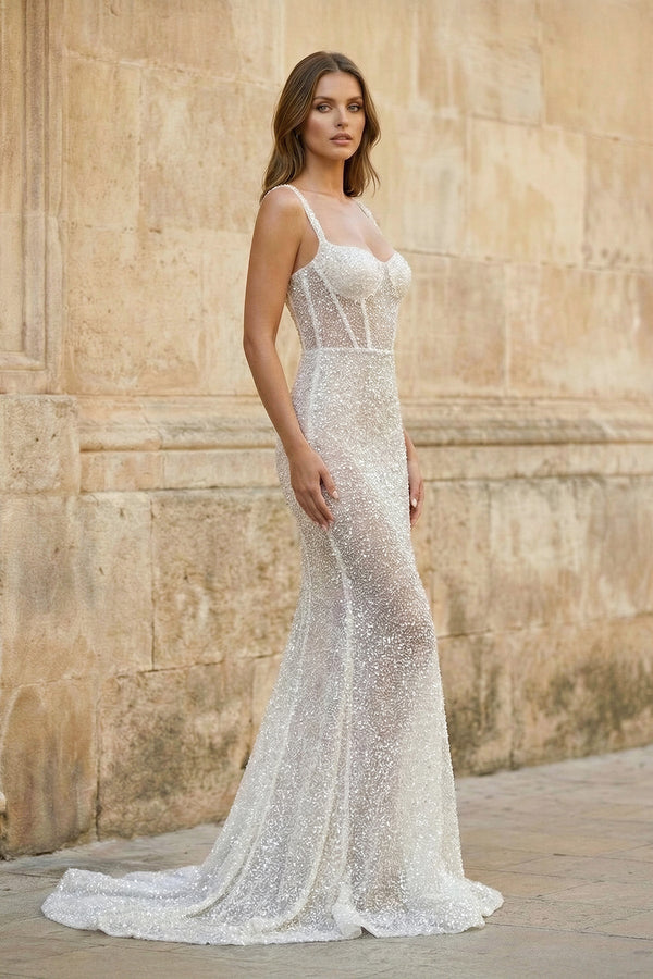 Sweetheart Sequined Sheath Wedding Dress in Ivory - KISS BRIDAL Wedding Dresses