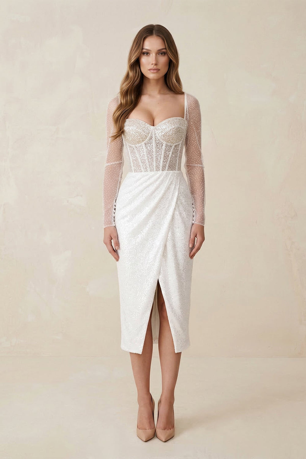 Sweetheart Sheath Ruched Sequined Wedding Dress in White