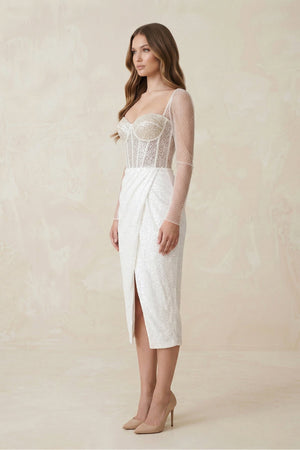 Sweetheart Sheath Ruched Sequined Wedding Dress in White - KISS BRIDAL Wedding Dresses