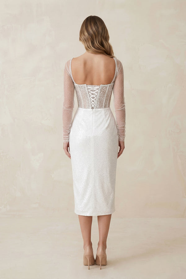 Sweetheart Sheath Ruched Sequined Wedding Dress in White - KISS BRIDAL Wedding Dresses