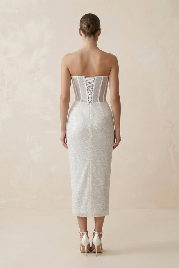 Sweetheart Sheath Sequined Corset Wedding Dress in White - KISS BRIDAL Wedding Dresses