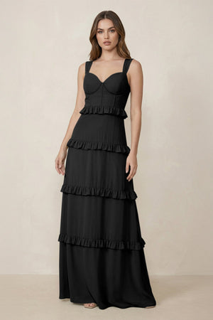 Sweetheart Tiered A - Line Chiffon Bridesmaid Dress in Black - KISS BRIDAL Bridesmaid Dresses