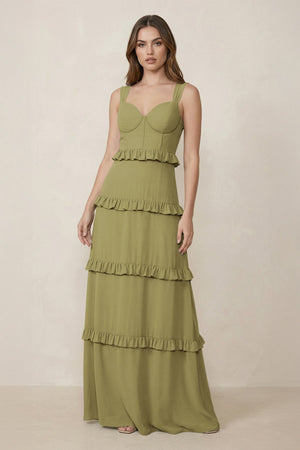 Sweetheart Tiered A-Line Chiffon Bridesmaid Dress in Moss Green | KISSBRIDAL