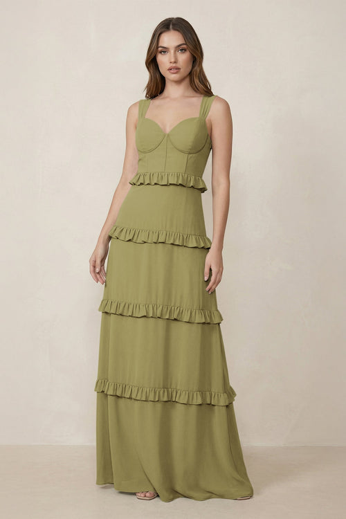 Sweetheart Tiered A-Line Chiffon Bridesmaid Dress in Moss Green | KISSBRIDAL