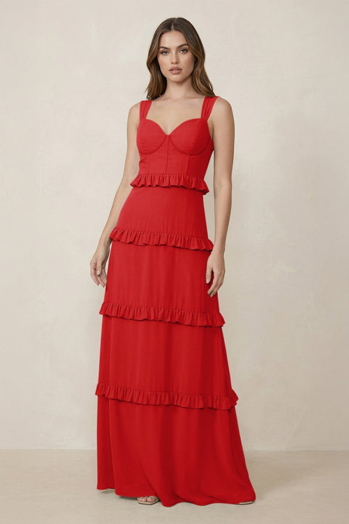 Sweetheart Tiered A - Line Chiffon Bridesmaid Dress in Ruby Red - KISS BRIDAL Bridesmaid Dresses