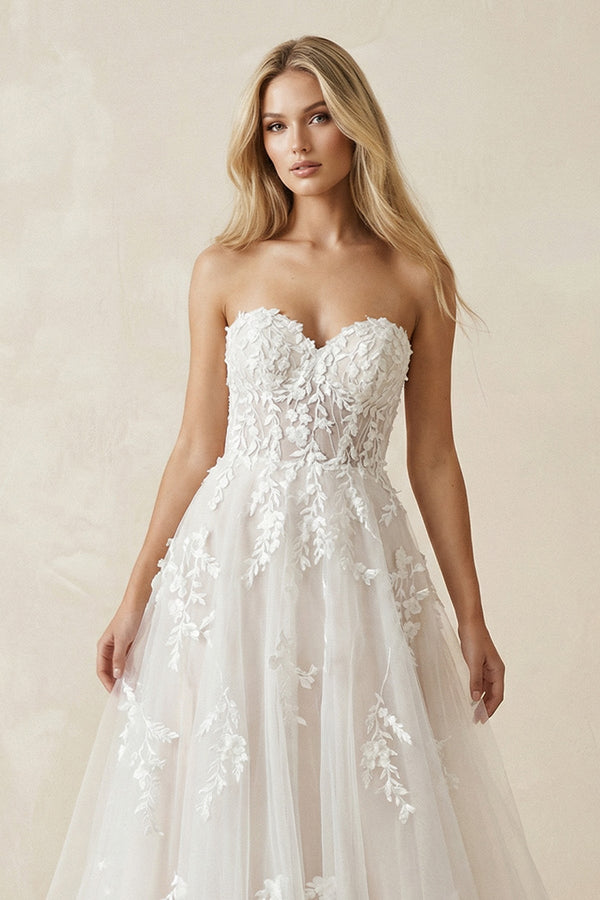 Sweetheart Tulle A - Line Appliqued Wedding Dress in Ivory - KISS BRIDAL Wedding Dresses