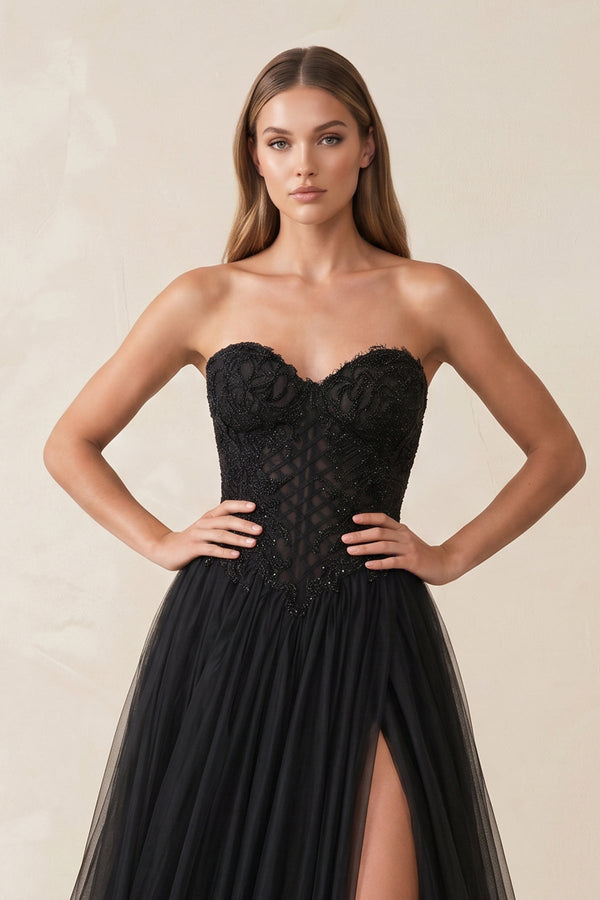 Sweetheart Tulle A - Line Wedding Dress with Slit in Black - KISS BRIDAL Wedding Dresses