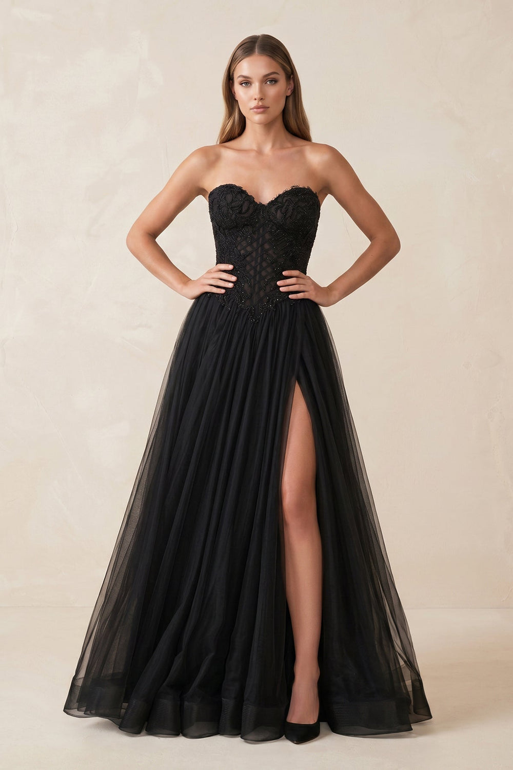 Sweetheart Tulle A-Line Wedding Dress with Slit in Black