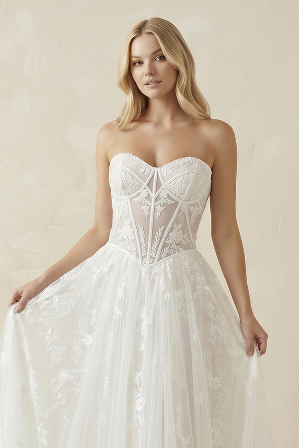 Sweetheart Tulle Appliqued A - Line Corset Wedding Dress in White - KISS BRIDAL Wedding Dresses