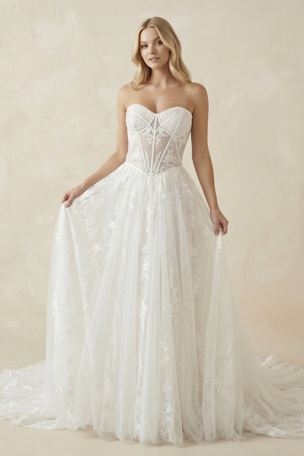 Sweetheart Tulle Appliqued A-Line Corset Wedding Dress in White