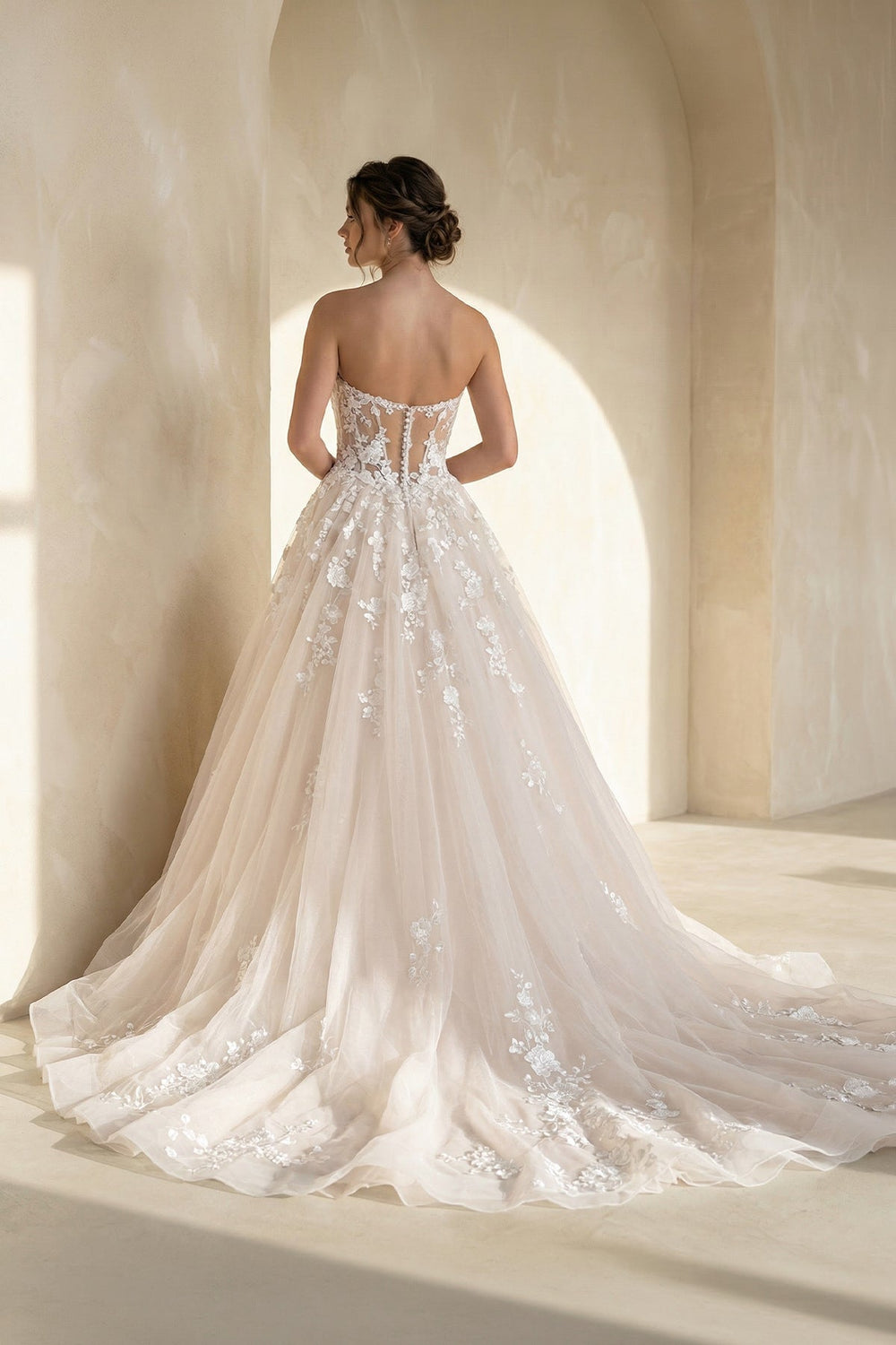 Sweetheart Tulle Ball Gown With Appliques in White and Nude