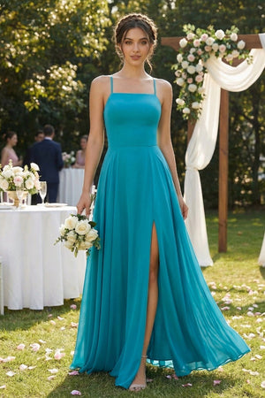 A-Line Chiffon Bridesmaid Dress in Dark Teal With Slit - KISS BRIDAL BRIDESMAID DRESSES