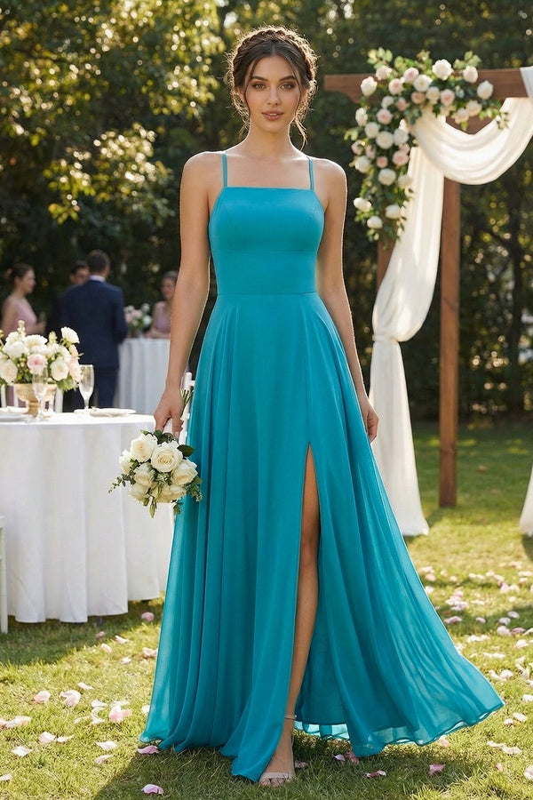 A-Line Chiffon Bridesmaid Dress in Dark Teal With Slit - KISS BRIDAL BRIDESMAID DRESSES