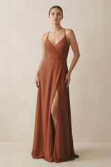 Terracotta A-Line Chiffon Long Bridesmaid Dress With Slit | KISSBRIDAL