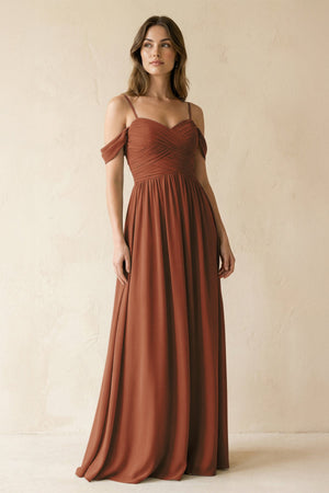 Terracotta A-Line Off-the-Shoulder Pleated Chiffon Bridesmaid Dress | KISSBRIDAL