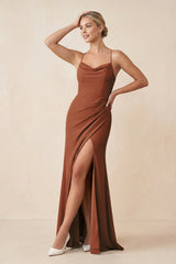 Terracotta Cami Strap Sheath Ruched Bridesmaid Dress With Slit | KISSBRIDAL