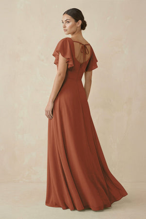 Terracotta Chiffon A-Line Long Bridesmaid Dress with Flutter Sleeves (2) | KISSBRIDAL