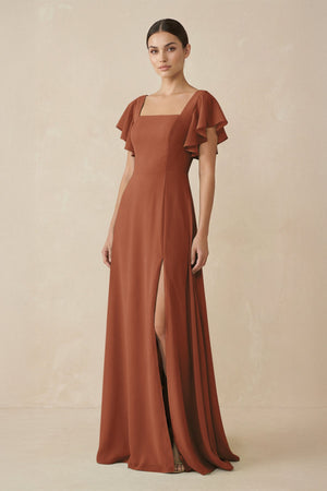 Terracotta Chiffon A-Line Long Bridesmaid Dress with Flutter Sleeves | KISSBRIDAL