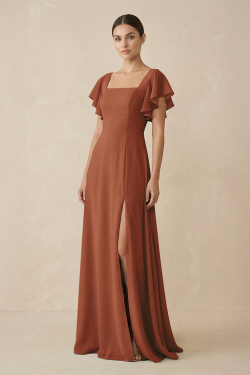 Terracotta Chiffon A-Line Long Bridesmaid Dress with Flutter Sleeves | KISSBRIDAL