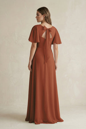 Terracotta Flutter Sleeve V-Neck A-Line Chiffon Bridesmaid Dress (2) | KISSBRIDAL