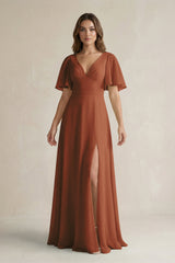 Terracotta Flutter Sleeve V-Neck A-Line Chiffon Bridesmaid Dress | KISSBRIDAL