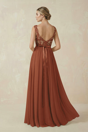 Terracotta Lace A-Line Bateau Neck Chiffon Long Bridesmaid Dress (2) | KISSBRIDAL