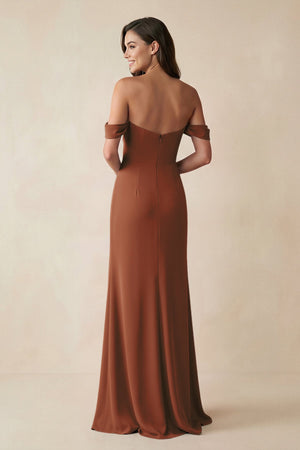 Terracotta Off-the-Shoulder Sheath Bridesmaid Dress with Slit (2) | KISSBRIDAL