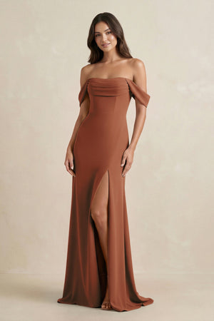 Terracotta Off-the-Shoulder Sheath Bridesmaid Dress with Slit | KISSBRIDAL