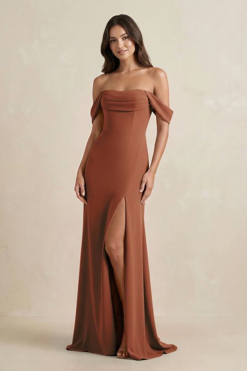 Terracotta Off-the-Shoulder Sheath Bridesmaid Dress with Slit | KISSBRIDAL