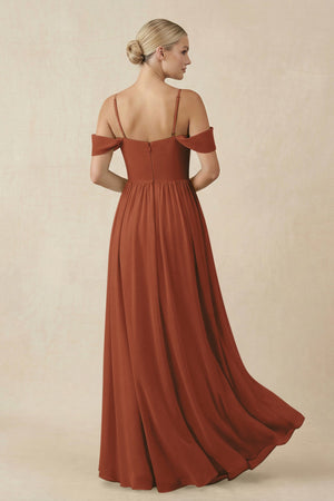 Terracotta Off-the-Shoulder Sweetheart A-Line Chiffon Bridesmaid Dress (2) | KISSBRIDAL