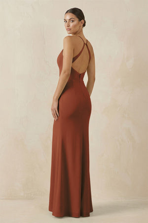 Terracotta Spaghetti Strap Sheath Chiffon Bridesmaid Dress With Slit (2) | KISSBRIDAL