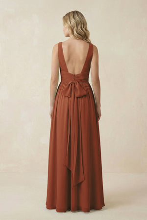 Terracotta V-Neck A-Line Bridesmaid Dress with Back Bow (2) | KISSBRIDAL