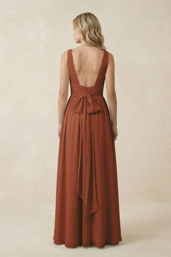 Terracotta V-Neck A-Line Bridesmaid Dress with Back Bow (2) | KISSBRIDAL