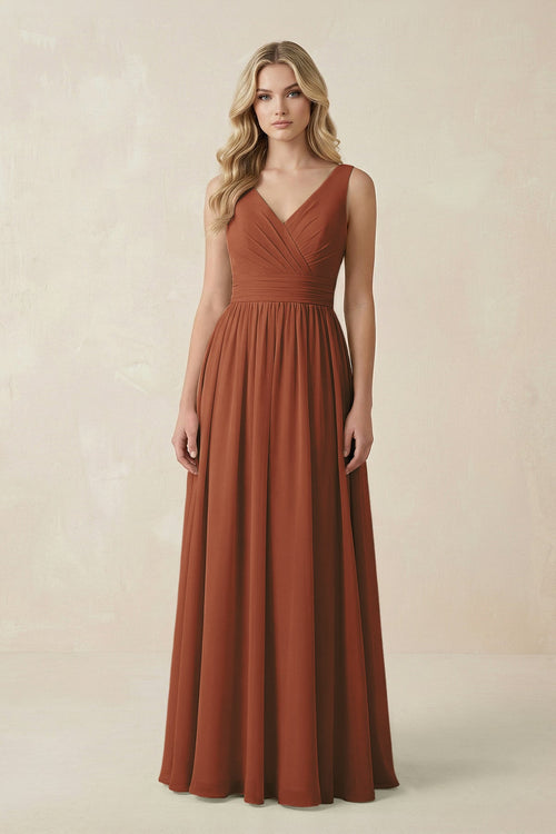 Terracotta V-Neck A-Line Bridesmaid Dress with Back Bow | KISSBRIDAL