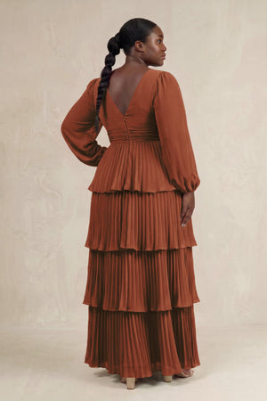 Terracotta V-Neck Tiered A-Line Long Sleeve Bridesmaid Dress (2) [sizeplus] | KISSBRIDAL
