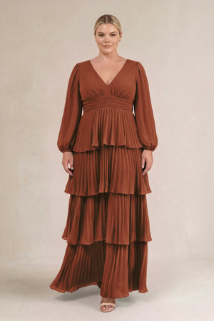 Terracotta V-Neck Tiered A-Line Long Sleeve Bridesmaid Dress (3) [sizeplus] | KISSBRIDAL
