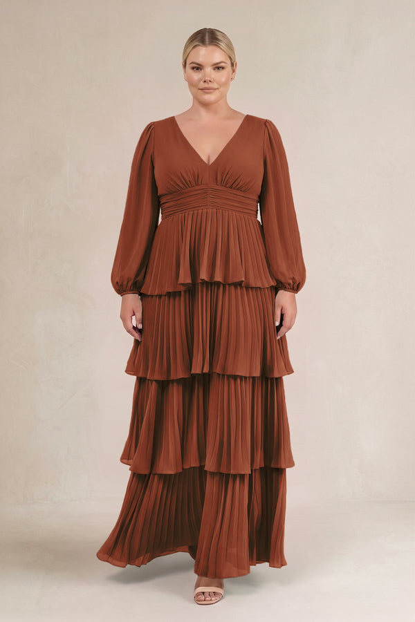 Terracotta V-Neck Tiered A-Line Long Sleeve Bridesmaid Dress (3) [sizeplus] | KISSBRIDAL