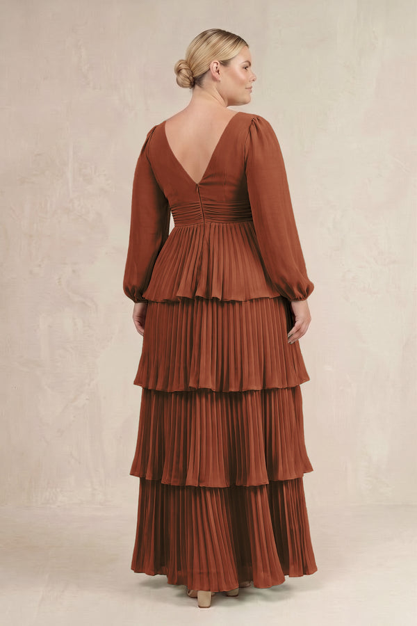 Terracotta V-Neck Tiered A-Line Long Sleeve Bridesmaid Dress (4) [sizeplus] | KISSBRIDAL