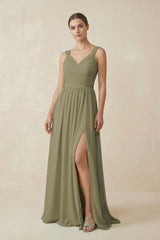 Thyme A-Line Pleated Chiffon Long Bridesmaid Dress | KISSBRIDAL
