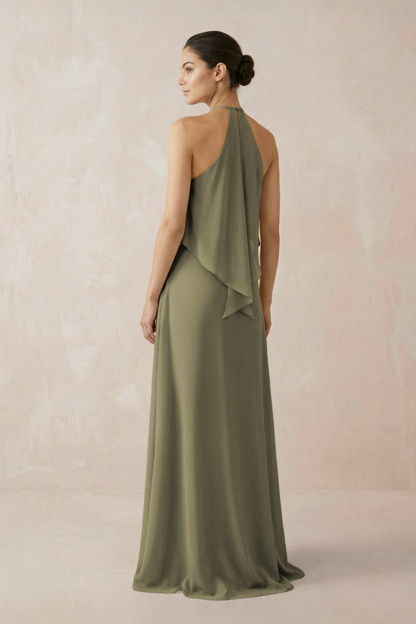 Thyme Halter Sheath Ruffled Chiffon Bridesmaid Dress (2) | KISSBRIDAL