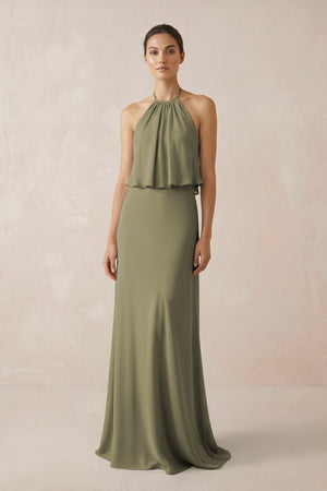 Thyme Halter Sheath Ruffled Chiffon Bridesmaid Dress | KISSBRIDAL