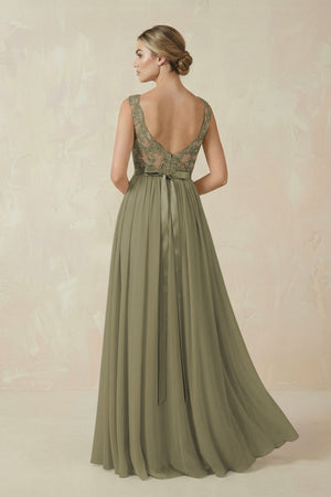 Thyme Lace A-Line Bateau Neck Chiffon Long Bridesmaid Dress (2) | KISSBRIDAL