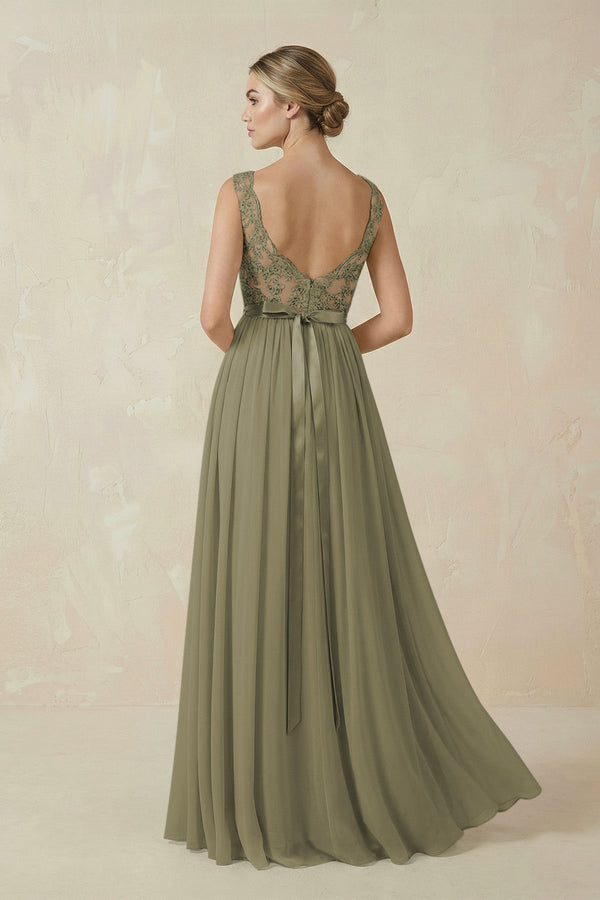 Thyme Lace A-Line Bateau Neck Chiffon Long Bridesmaid Dress (2) | KISSBRIDAL