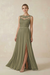 Thyme Lace A-Line Bateau Neck Chiffon Long Bridesmaid Dress | KISSBRIDAL